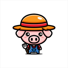 Vector design of cute pig character as farmer