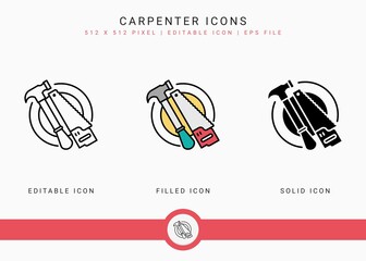 Obraz premium Carpenter icons set vector illustration with solid icon line style. Hammer tool building concept. Editable stroke icon on isolated background for web design, user interface, and mobile application