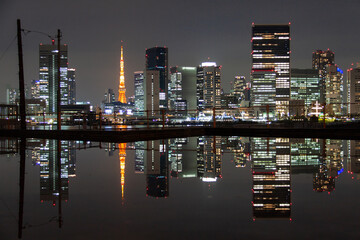 Night view of Tokyo reflected on the surface of the water