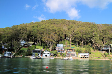 Scotland Island on the Pittwater, with docks, jetties and boat houses, New South Wales, Australia