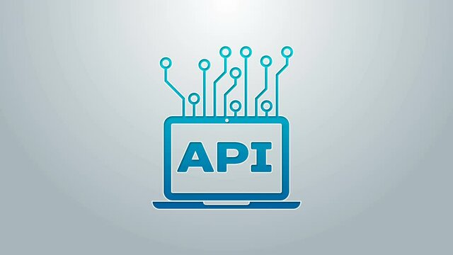 Blue line Computer api interface icon isolated on grey background. Application programming interface API technology. Software integration. 4K Video motion graphic animation