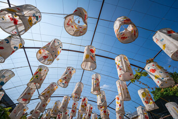 Colorful paper lanterns decorated in Hanoi, Vietnam with blue sky background