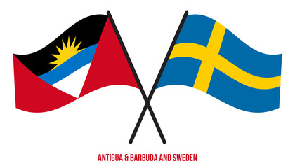 Antigua & Barbuda and Sweden Flags Crossed & Waving Flat Style. Official Proportion. Correct Colors.