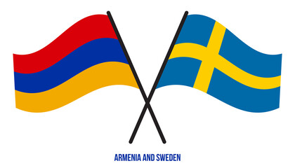 Armenia and Sweden Flags Crossed And Waving Flat Style. Official Proportion. Correct Colors.