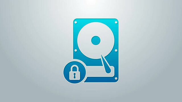 Blue line Hard disk drive and lock icon isolated on grey background. HHD and padlock. Security, safety, protection concept. 4K Video motion graphic animation