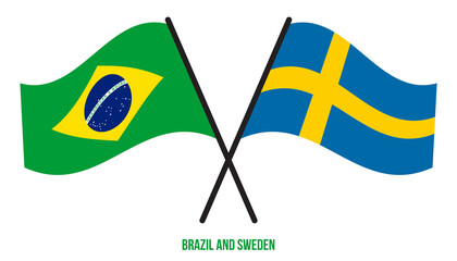 Brazil and Sweden Flags Crossed And Waving Flat Style. Official Proportion. Correct Colors.
