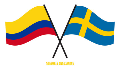 Colombia and Sweden Flags Crossed And Waving Flat Style. Official Proportion. Correct Colors.