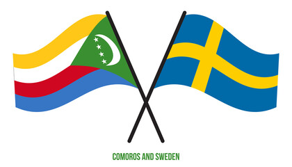 Comoros and Sweden Flags Crossed And Waving Flat Style. Official Proportion. Correct Colors.