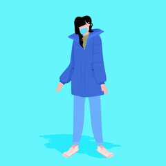 woman in casual winter clothes wearing mask to prevent coronavirus pandemic covid-19 quarantine concept full length vector illustration