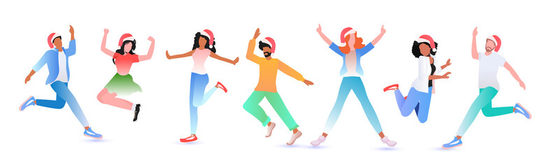 mix race people in santa hats having fun new year christmas holidays celebration concept full length horizontal vector illustration