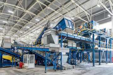 Waste sorting plant. Many different conveyors and bins