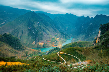 Fototapeta na wymiar Amazing mountain and river landscape at Ha Giang province. Ha Giang is a northernmost province in Vietnam