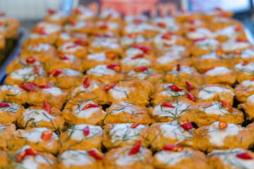 Thai steamed fish custards named Hor Mok Pla, selective focus