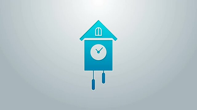 Blue line Retro wall watch icon isolated on grey background. Cuckoo clock sign. Antique pendulum clock. 4K Video motion graphic animation