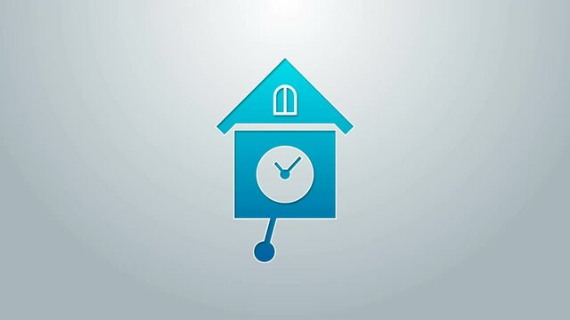 Blue line Retro wall watch icon isolated on grey background. Cuckoo clock sign. Antique pendulum clock. 4K Video motion graphic animation