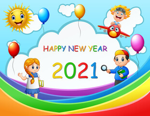 Naklejka premium Happy New Year 2021 poster design with kids on the rainbow