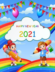 Obraz premium Happy New Year 2021 with student on the rainbow