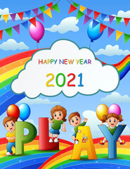 Obraz premium Happy New Year 2021 with kid on blue sky background