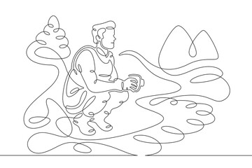 Young male tourist fisherman drinks coffee on the bank of a mountain river. Mountain landscape.One line continuous thick bold single drawn art doodle isolated hand drawn outline logo illustration.