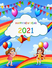 Obraz na płótnie Canvas New Year 2021 poster design with kids on rainbow