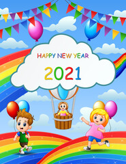 Obraz na płótnie Canvas New Year 2021 poster design with kids playing on rainbow