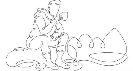 Young male tourist drinks hot drink coffee tea camping campfire. Landscape of forest and mountains.One line continuous thick bold single drawn art doodle isolated hand drawn outline logo illustration.