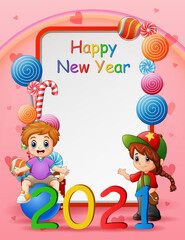 Obraz premium Happy New Year 2021 with happy kids