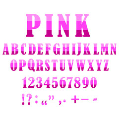 Vintage abstract alphabet with pink letters on light background. Punctuation marks and numbers. Stock image. EPS10.