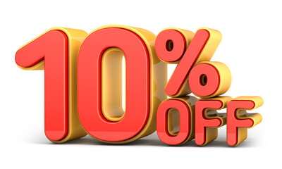 Red and yellow text, 10% off isolated on white background. Off 10 percent. Sales concept. 3d illustration.
