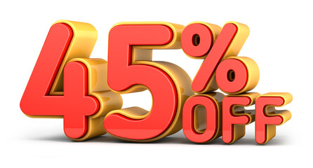 Red and yellow text, 45% off isolated on white background. Off 45 percent. Sales concept. 3d illustration.
