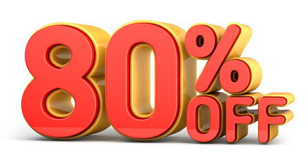 Red and yellow text, 80% off isolated on white background. Off 80 percent. Sales concept. 3d illustration.