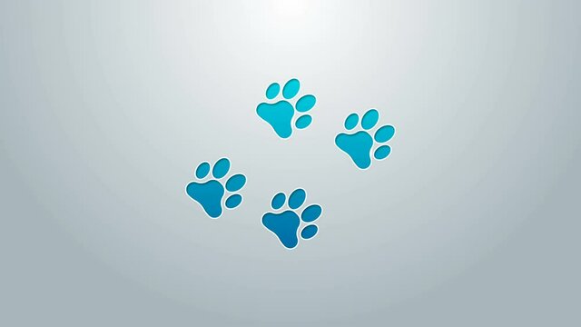 Blue line Paw print icon isolated on grey background. Dog or cat paw print. Animal track. 4K Video motion graphic animation