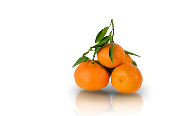 Three Tangerine or clementine with green leaf isolated with reflection on white background