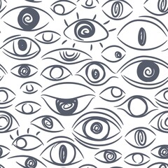 Seamless white pattern with line doodle eyes