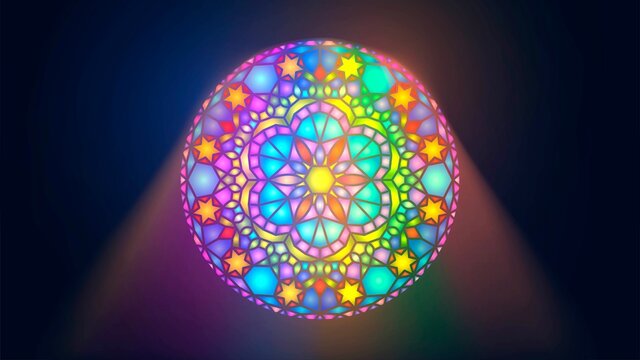 Round stained glass window in a dark room with rays of light, interior of a church or temple