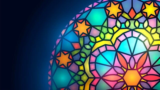 Round stained glass window, bright geometric glowing pattern