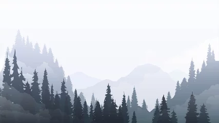 Rolgordijnen Mountain landscape with pine forest and fog © lidiia