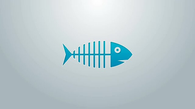 Blue line Fish skeleton icon isolated on grey background. Fish bone sign. 4K Video motion graphic animation