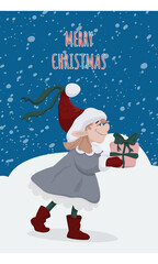 Cute christmas postcard with an elf girl carrying a gift box. Vector illustration