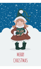 Cute christmas postcard with an elf girl standing and carrying a gift box. Vector illustration