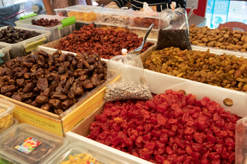 Dried berries and fruits at market in Thailand