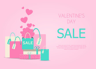 Valentine s day greeting card with hearts and love wishes. Flat vector illustration for sale, online store, delivery of goods for the holiday. Invitation flyer in pink, red, and blue. Images with a