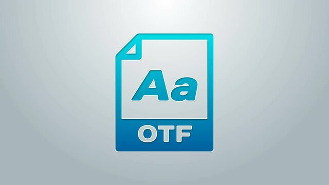 Blue line OTF file document. Download otf button icon isolated on grey background. OTF file symbol. 4K Video motion graphic animation