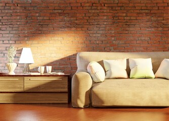 Interior with morning sunlight and a couch. Cozy country house with table and brick wall. 3D rendering.