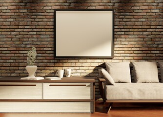 An empty frame on a brick wall. Template for pictures and lettering. Table and couch. 3D rendering.