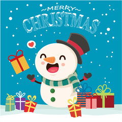 Vintage Christmas poster design with vector snowman character.