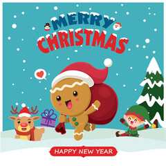 Vintage Christmas poster design with vector gingerbread man, Santa Claus, snowman, elf, reindeer characters.