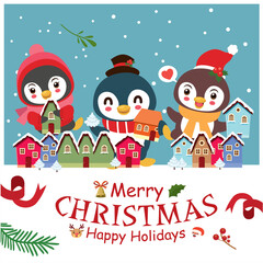 Vintage Christmas poster design with vector penguin, snowman, reindeer, Santa Claus characters.