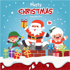 Vintage Christmas poster design with vector Santa Claus, elf, santa lady characters.