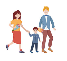 Parents with bouquets of flowers are leading child to school.